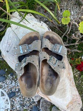 Birkenstock Studded Double-Buckle Suede Slide Sandals - Taupe